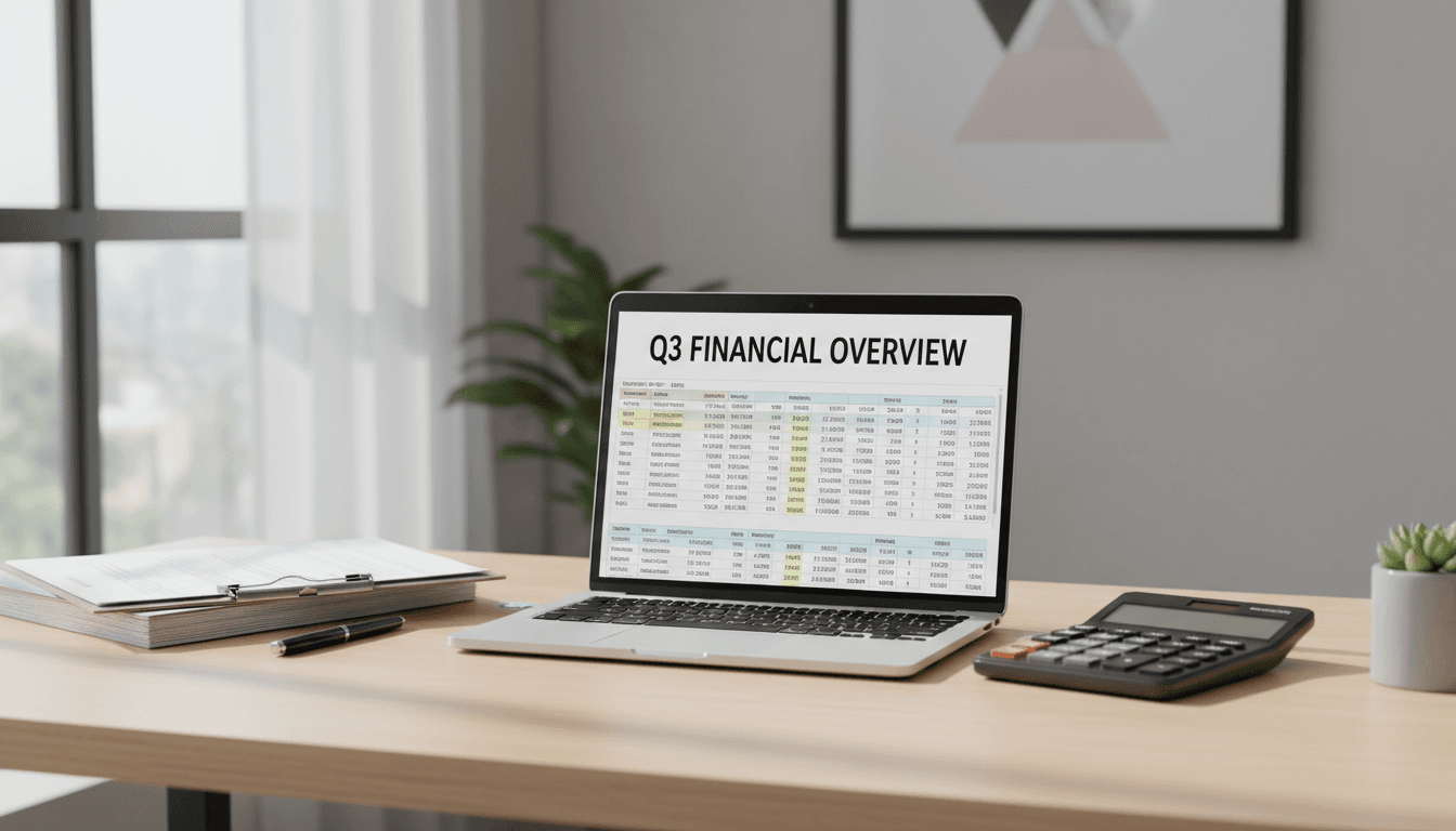 Financial documents and calculator on a tidy desk with a laptop