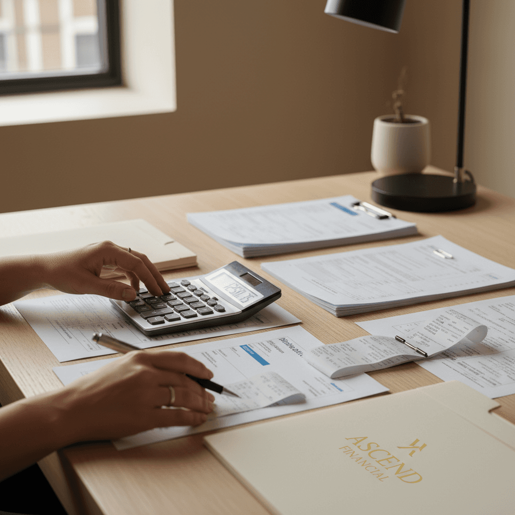Overhead close-up of hands organizing invoices, receipts, and documents with calculator at organized workspace