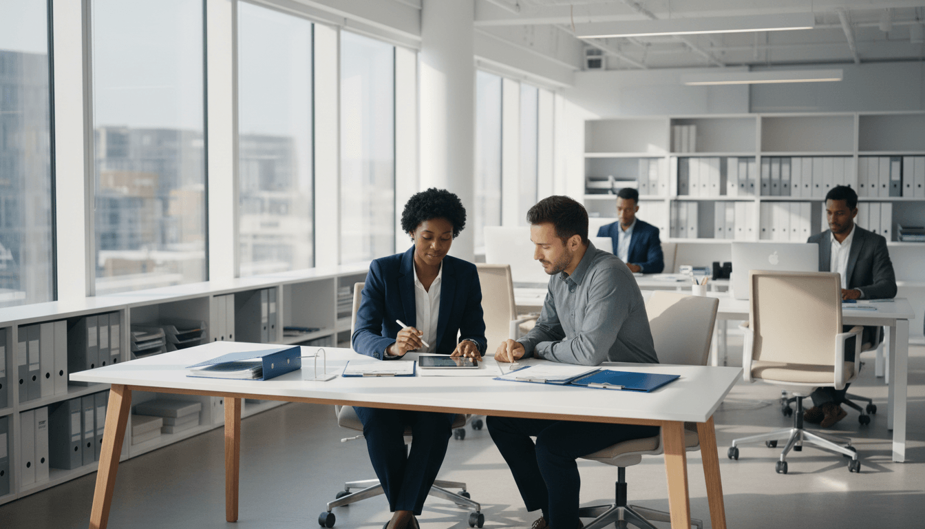 Tax accountant and client consulting over financial documents in modern bright office with natural light Tax accountant and client consulting over financial documents in modern bright office with natural light