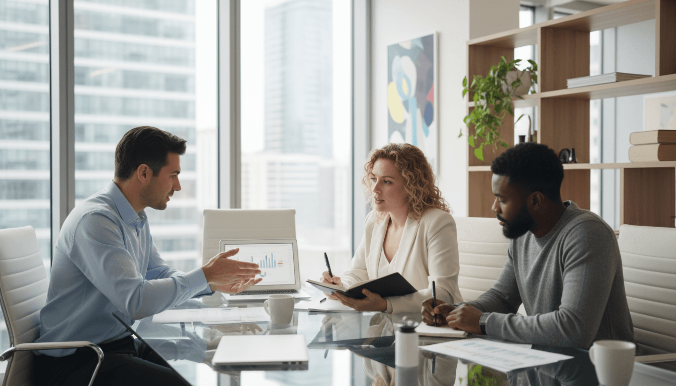 Business consultants reviewing partnership documents in a bright modern office
