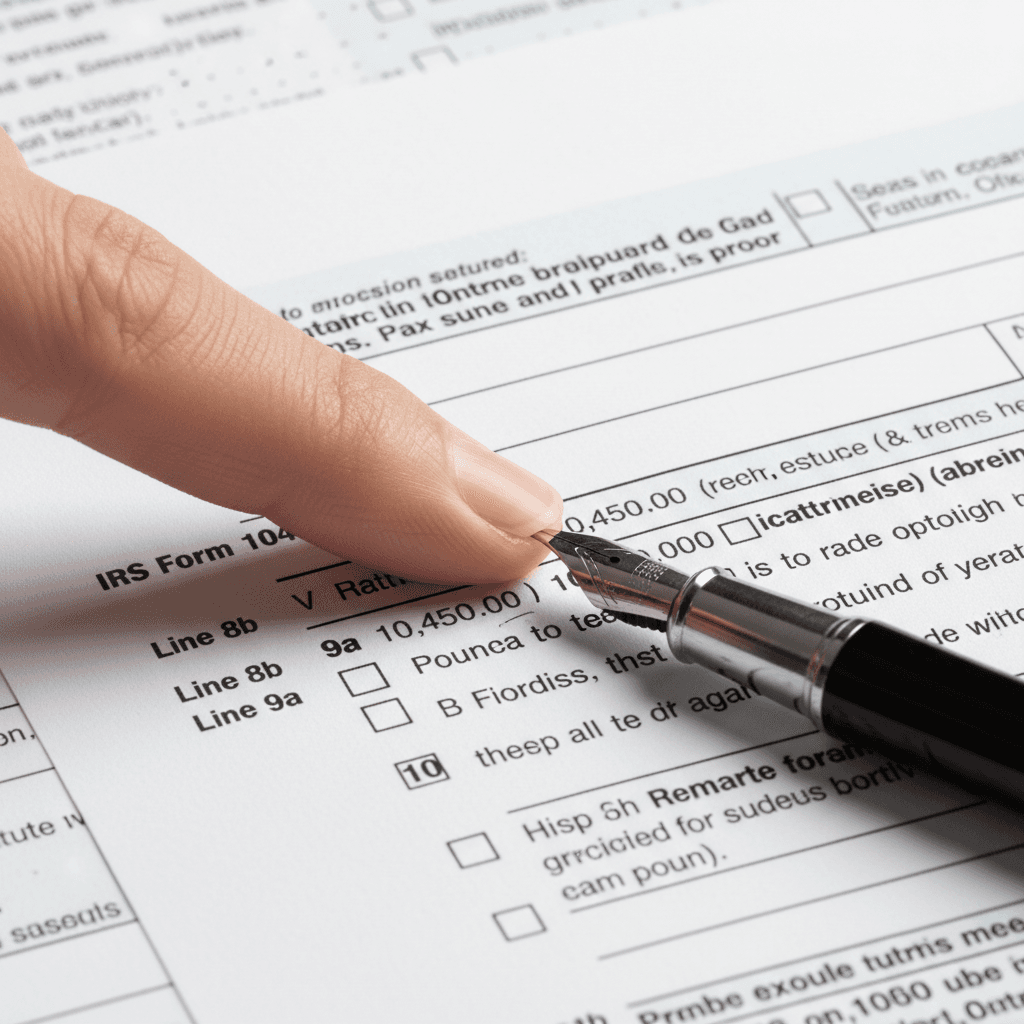 Close-up of tax form with professional pointing at specific tax code numbers and calculations