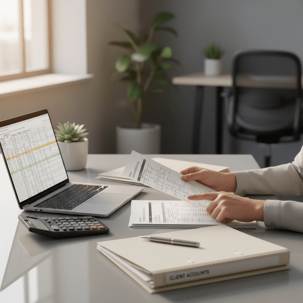 Consultant reviewing financial documents and spreadsheets at organized desk with calculator and laptop in natural light Consultant reviewing financial documents and spreadsheets at organized desk with calculator and laptop in natural light