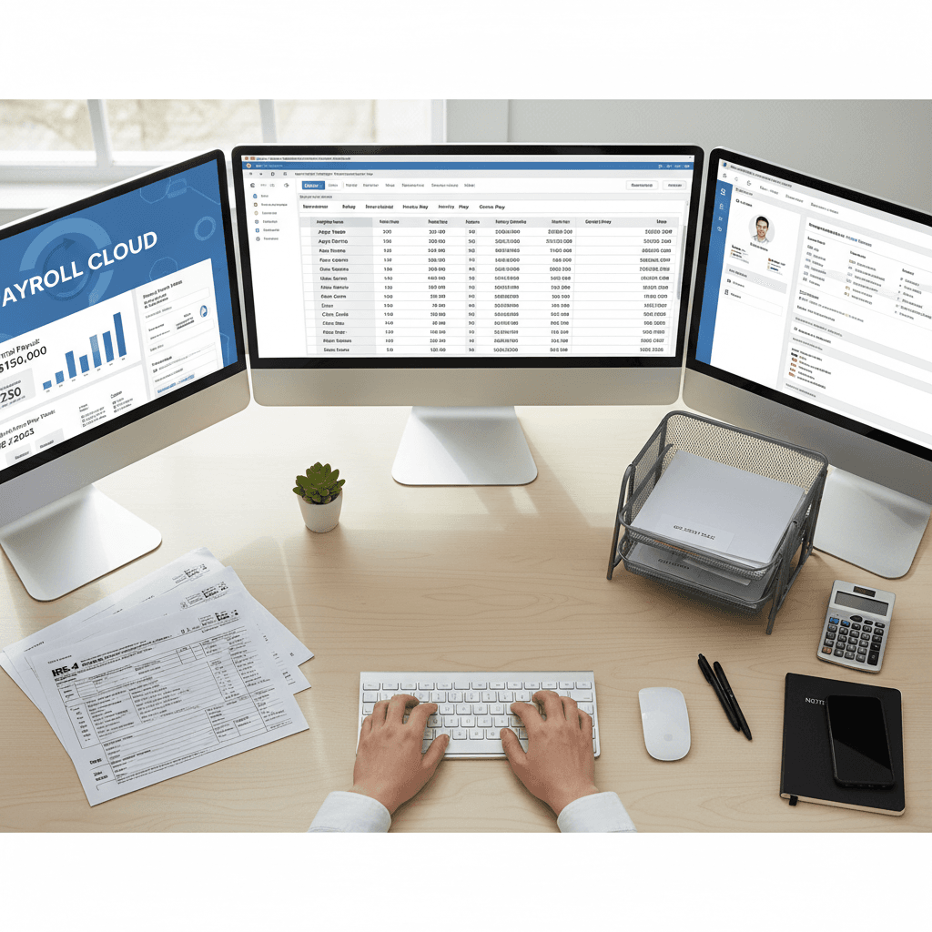 Payroll processing workstation showing dual monitors with employee records, tax forms, and organized accounting materials