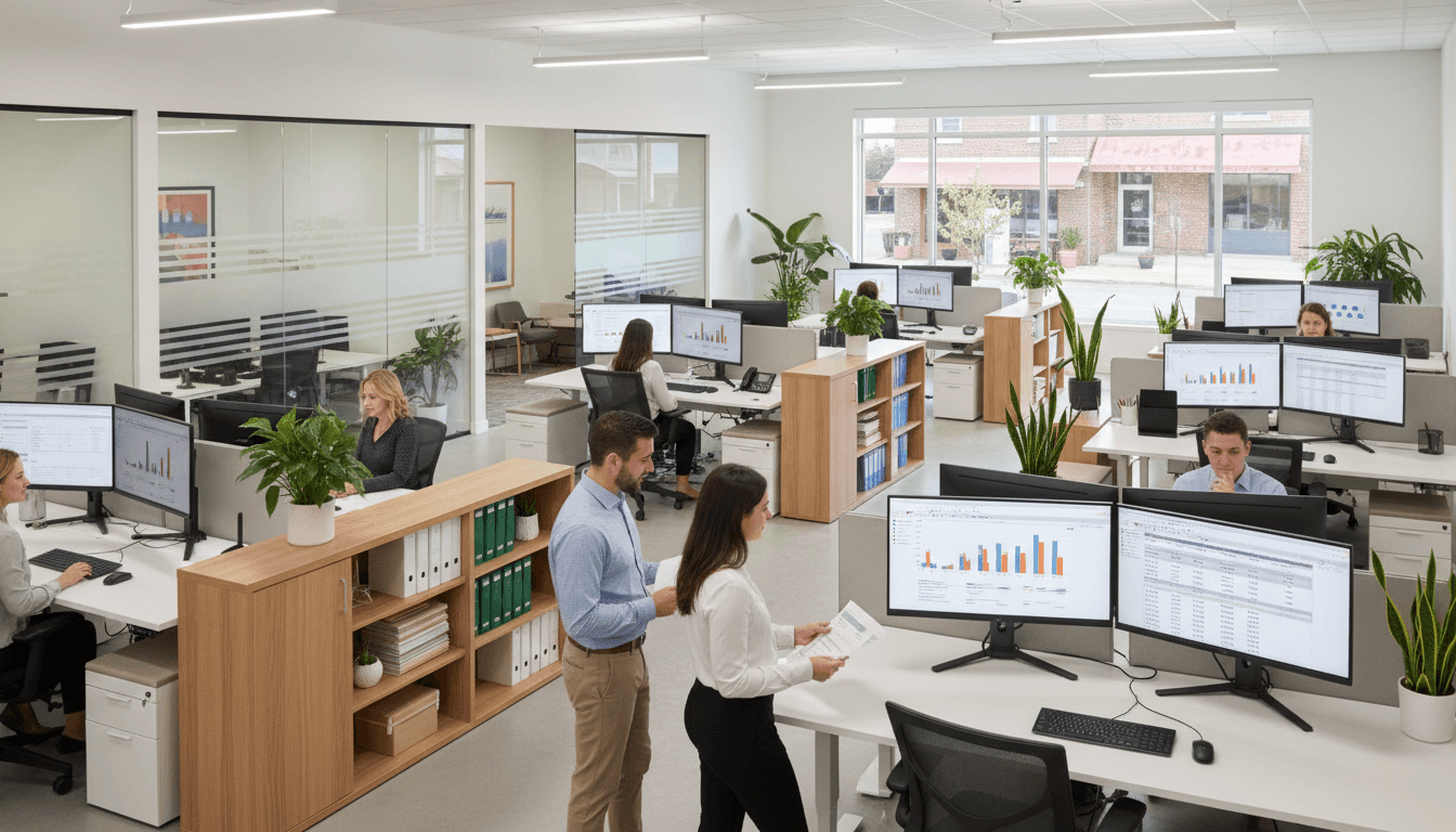 Professional accounting workspace with laptop and financial documents