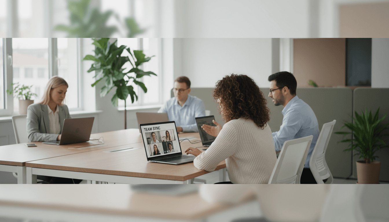 Two professionals on a video call discussing a document on a laptop