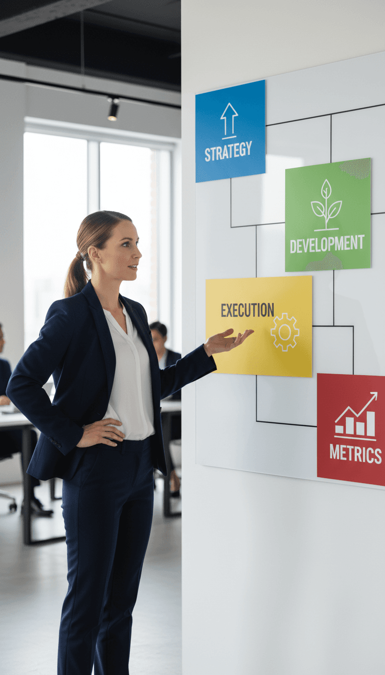 Professional gesturing toward organized wall-mounted system or display in contemporary office setting