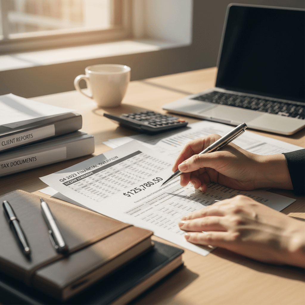 Accountant reviewing financial documents at a tidy desk in a bright office